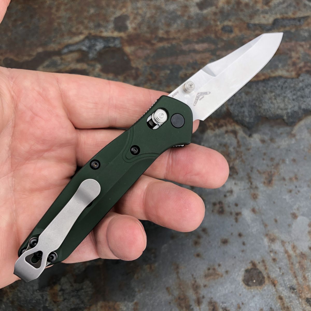 Benchmade Mini Osborne Green Aluminum Scales 2.9